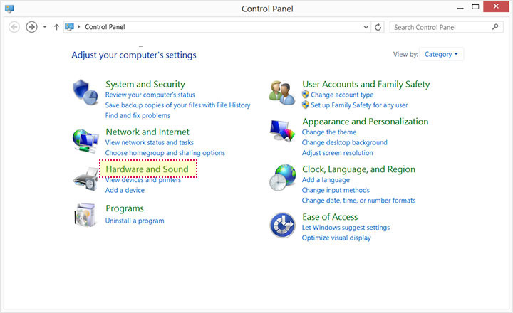 This image shows the control panel in Windows. The option "Hardware and Sound" is highlighted.