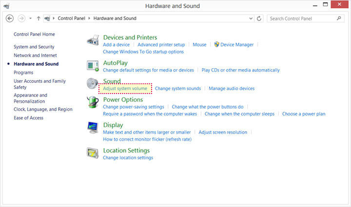 This image shows the "Hardware and Sound" settings within Windows control panel. The option "Adjust system volume" under "Sound" is highlighted.