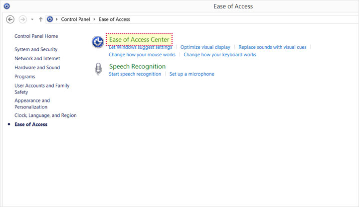 This image shows the "Ease of Access" controls in Windows. "Ease of Access Center" is highlighted.