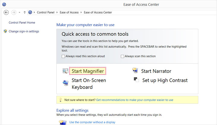 This image shows the "Ease of Access Center" controls in Windows. "Start Magnifier" is highlighted.