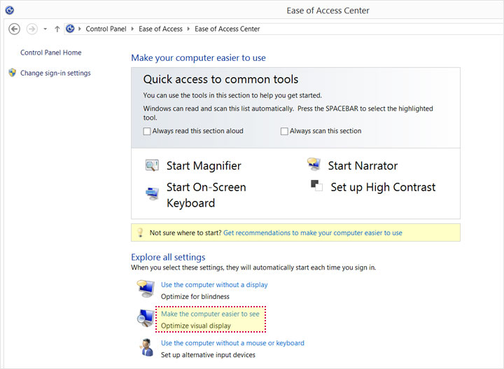 This image shows the "Ease of Access Center" controls in Windows. "Make the computer easier to see, optimize visual display" is highlighted.