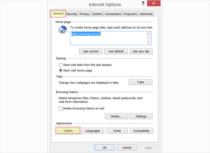 This image shows the "Internet Options" controls in Internet Explorer. The tab "General" and the button "Colors" are highlighted.