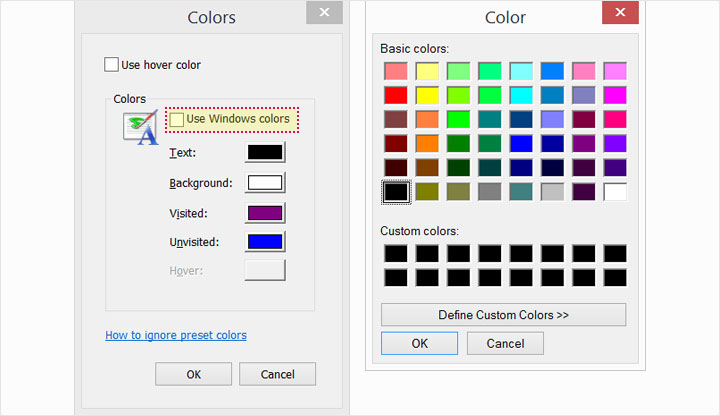 On the left, this image shows the "Colors" dialog box in Internet Explorer. The checkbox "Use windows colors" is highlighted. On the right, a dialog box with a color palette is shown.