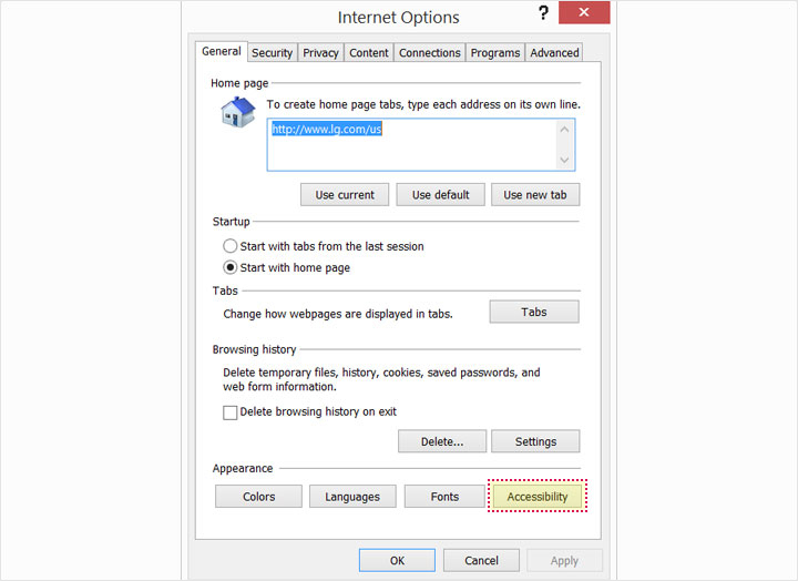 This image shows the "Internet Options" controls in Internet Explorer. The button "Accessibility" is highlighted