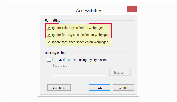 This image shows the "Accessibility" dialog box in Internet Explorer. The check boxes "Ignore colors specified on webpages, ignore font styles specified on webpages and ignore font sizes specified on webpages" are highlighted