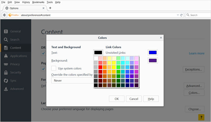 This image shows the color palette to select different background colors and text colors in Firefox.