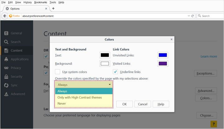 This image shows the dropdown menu for "Override the colors specified by the page with my selections above:" in Firefox. The dropdown menu options shown are "Always, Only with High Contrast themes and Never".